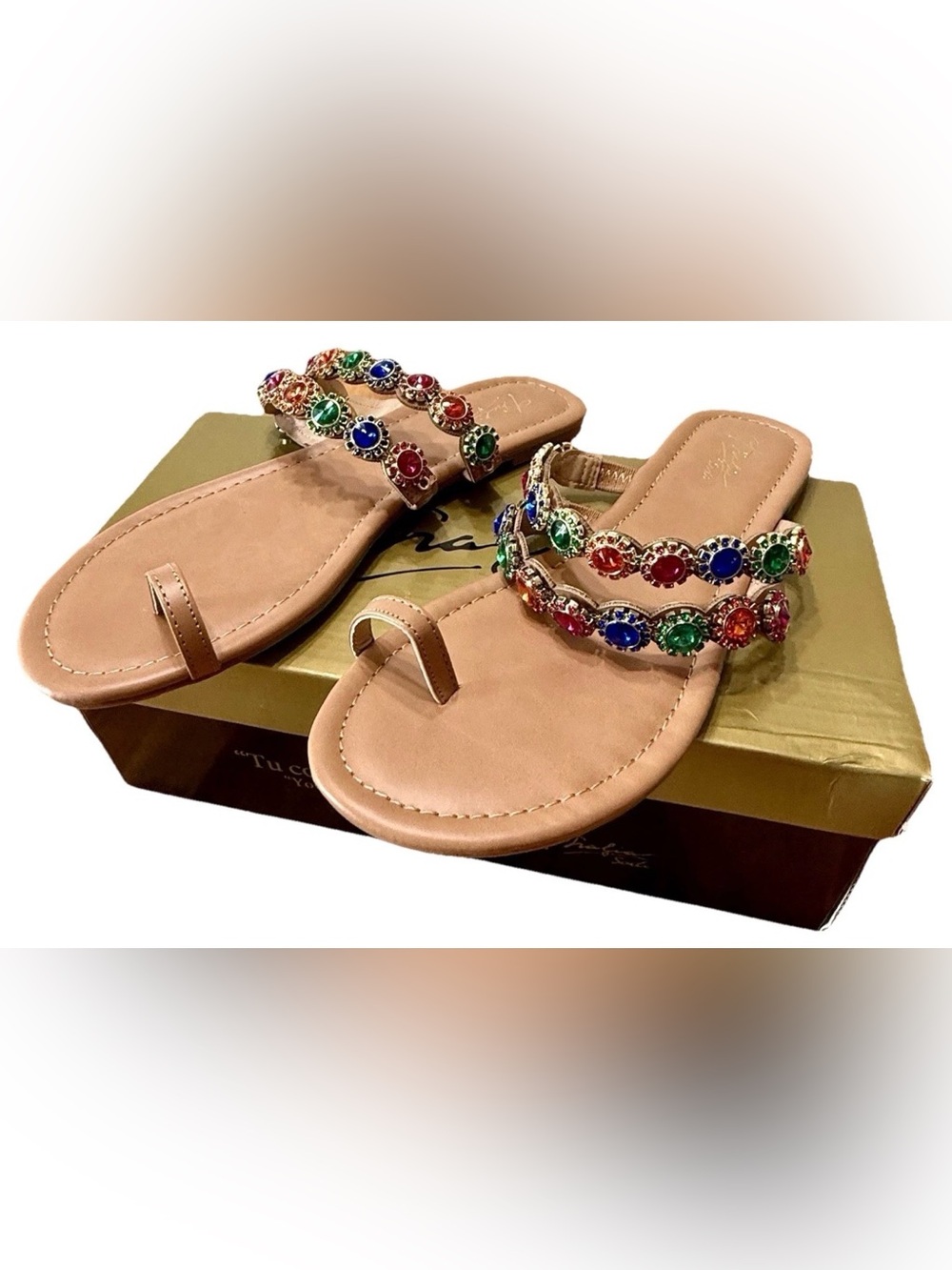 Thalia Sodi Joya Jeweled Thong Sandals Nude Multicolor Rhinestone Size 8.5 NIB